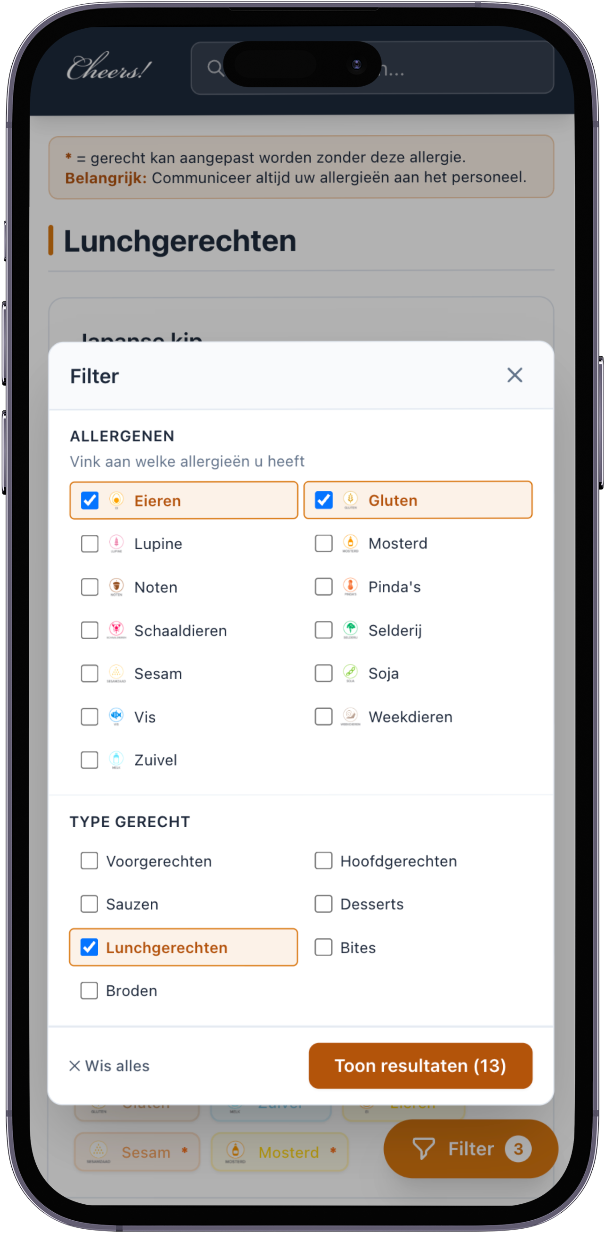 Gast filtert menu op allergenen